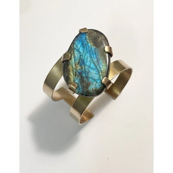 Handcrafted Labradorite Brass Cuff Bracelet Artisan Boho Statement Adjustable - Picture 2 of 11